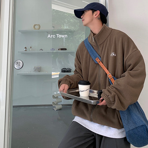 WS03ins宽松大码港风情侣开衫卫衣外套男P5878咖啡色，女装短外套，电商A066