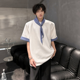 KT1027`（垫肩可拆装送三角巾）格子短袖T恤男ins潮牌上痞帅P48，男装T恤，电商A066