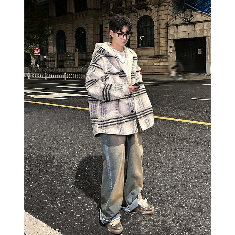 MH08`条纹ins加厚中长款羊羔毛呢料外套连帽棉衣棉服男P118,男装棉衣,电商A066