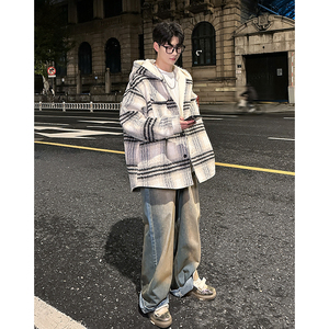 MH08`条纹ins加厚中长款羊羔毛呢料外套连帽棉衣棉服男 P118图片