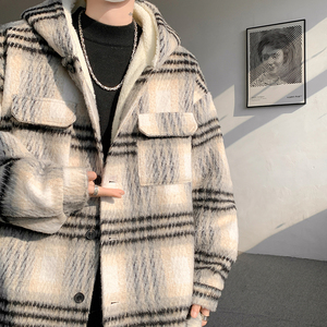 MH08`条纹ins加厚中长款羊羔毛呢料外套连帽棉衣棉服男P118