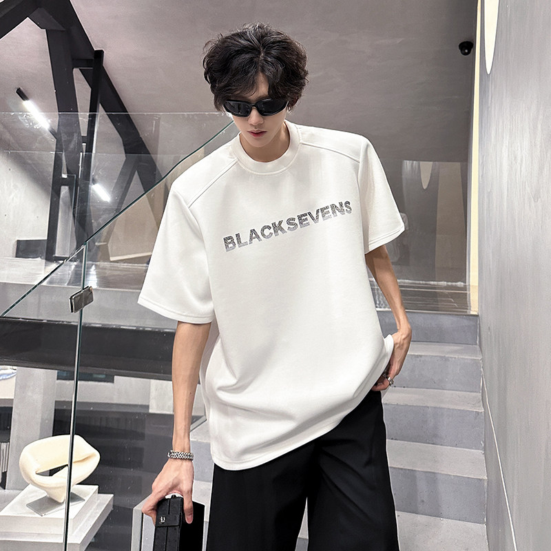 KT1019`（垫肩可拆装）渐变高品质烫钻短袖T恤男ins潮牌上痞帅P40,男装T恤,电商A066