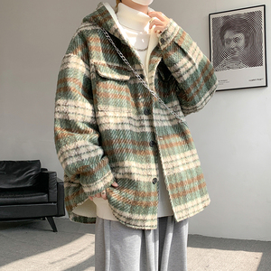 MH09`条纹ins加厚中长款羊羔毛呢料外套连帽棉衣棉服男 P118图片