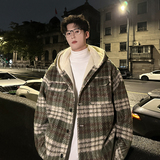 MH09`条纹ins加厚中长款羊羔毛呢料外套连帽棉衣棉服男P118，男装棉衣，电商A066