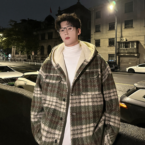 MH09`条纹ins加厚中长款羊羔毛呢料外套连帽棉衣棉服男 P118图片