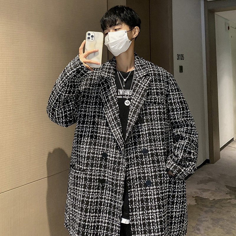 FT05情侣港风宽松大码小香风ins格子西装外套男P105118黑,男装西服套装,电商A066