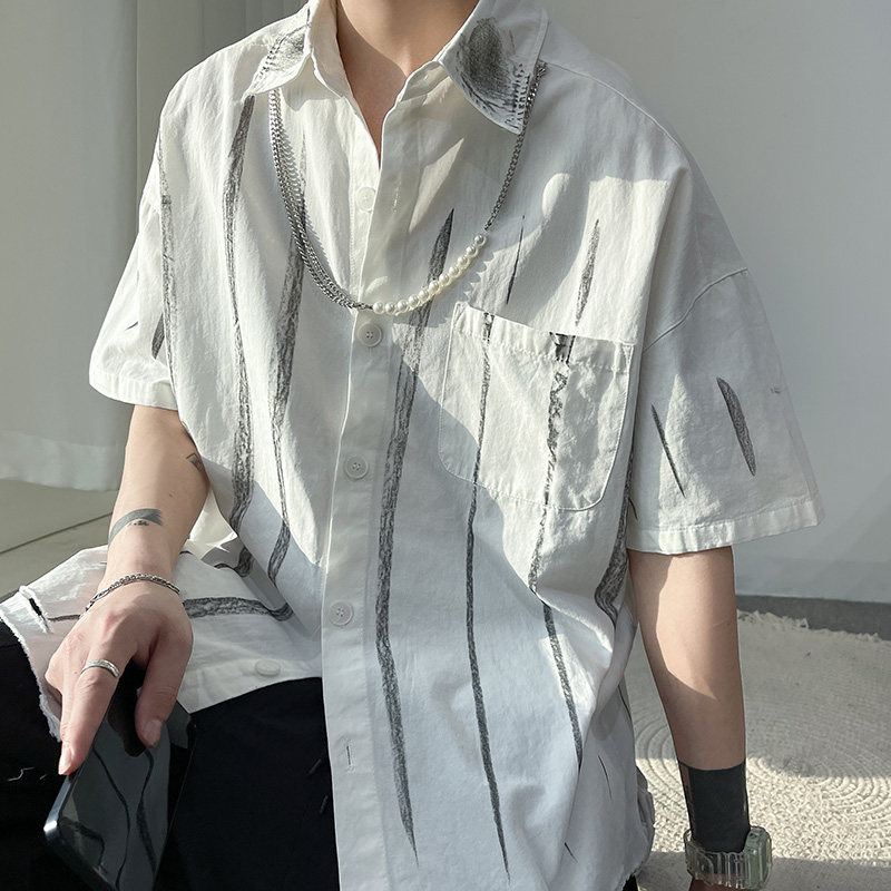 DX1527街潮水洗磨破短袖情侣衬衫男P5568赠送项链（可拆卸），男装T恤，电商A066