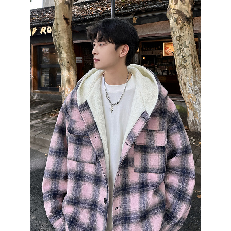 MH10`条纹ins加厚中长款羊羔毛呢料外套连帽棉衣棉服男P118,男装棉衣,电商A066