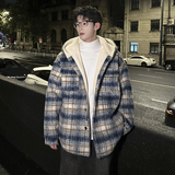 MH16`条纹ins加厚中长款羊羔毛呢料外套连帽棉衣棉服男P118，男装棉衣，电商A066