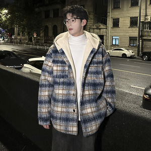 MH16`条纹ins加厚中长款羊羔毛呢料外套连帽棉衣棉服男 P118图片