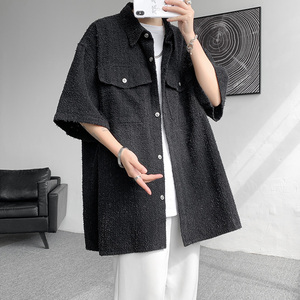 DX1542`重磅水洗牛仔工艺~高品质牛仔街潮短袖衬衫男女P65图片
