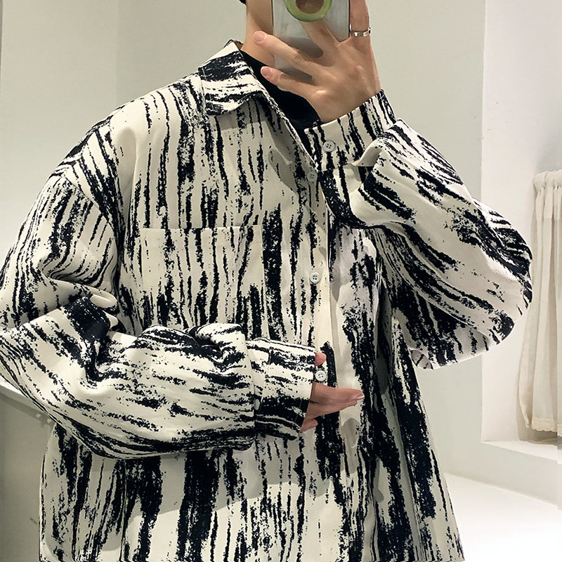 CT21宽松情侣港风大码ins扎染条纹衬衫外套男P4868蓝,男装衬衫,电商A066