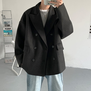 FT03高品质直播款中性风港风宽松中长款呢料风衣夹克男 P98棕图片