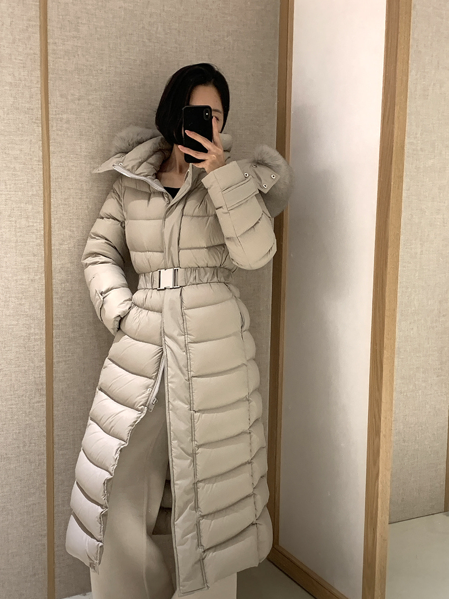 预aroundyur韩国新款时尚超长款收腰显瘦大狐狸毛领鹅绒羽绒服