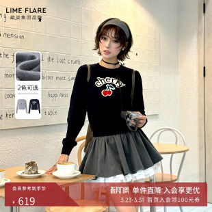 高级感毛衣25秋冬 女时尚 朗姿莱茵福莱尔绵羊毛经典 刺绣樱桃针织衫