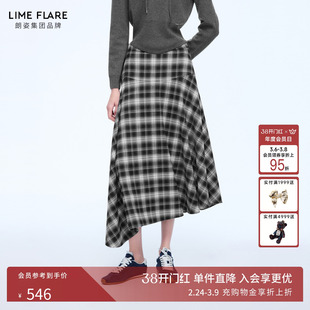 朗姿莱茵福莱尔复古格纹不规则半裙时髦伞摆百搭半身裙26年春新款
