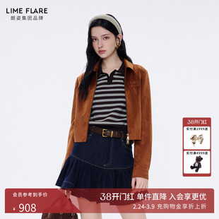 朗姿莱茵福莱尔刺绣复古短外套女美拉德气质机车翻领仿麂皮夹克春