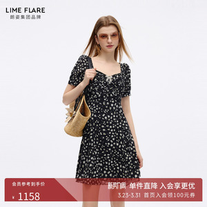 朗姿莱茵福莱尔法式复古泡泡袖茶歇小雏菊碎花收腰连衣裙女26夏新