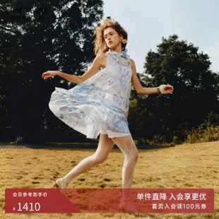 朗姿莱茵福莱尔手工胸花度假风甜美少女雪纺印花连衣裙26夏新款