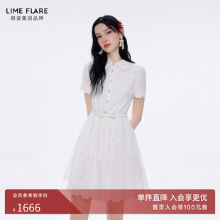朗姿莱茵福莱尔花卉刺绣甜美千金风纯净白短袖收腰连衣裙女26夏