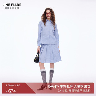 朗姿莱茵福莱尔刺绣复古通勤时尚气质蓝色格纹长袖衬衫女26春新款