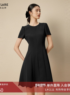 莱茵福莱尔黑色连衣裙女2025夏季新款气质收腰简约短袖A版连身裙