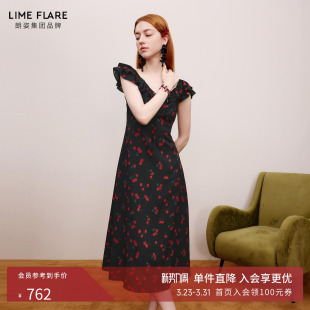 莱茵福莱尔气质连衣裙女夏巨好看 小众掐腰荷叶领小樱桃碎花裙