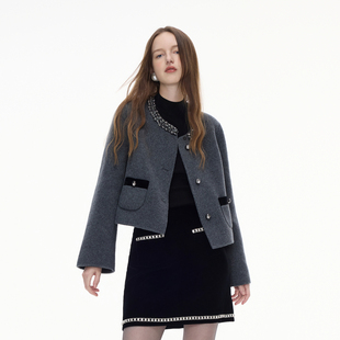 朗姿/莱茵福莱尔手工钻饰高级感羊毛短外套女气质毛呢香风上衣冬