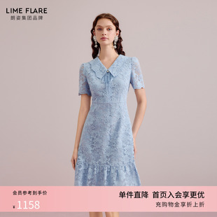 莱茵福莱尔2025年新款 复古蕾丝收腰长裙翻领飘带连衣裙 法式