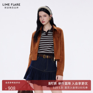 朗姿莱茵福莱尔刺绣复古短外套女美拉德气质机车翻领仿麂皮夹克春