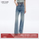 26夏新款 朗姿莱茵福莱尔棉100%复古烫钻破洞牛仔裤 女高腰直筒裤