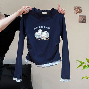 女童打底衫春装2026新款大童洋气假两件长袖T恤春秋儿童修身上衣
