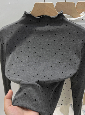 女童半高领波点长袖T恤春秋装2026新款儿童木耳边加绒打底衫内搭