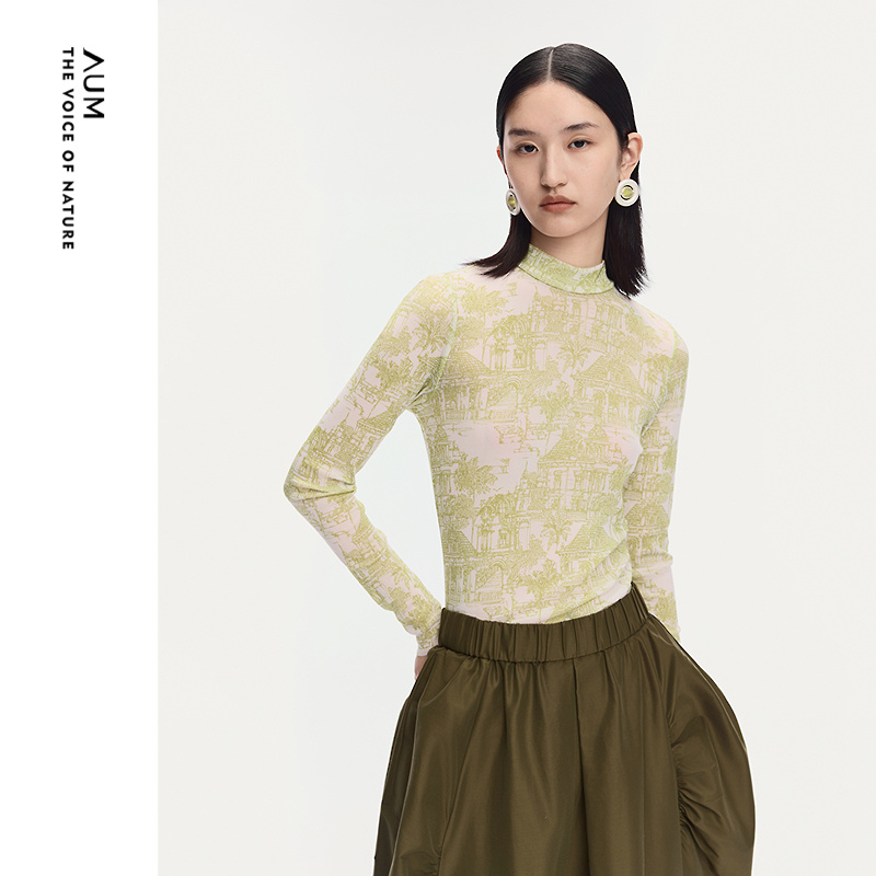 【商场同款】AUM噢姆2025年秋季新款弹力修身印花小高领打底上衣