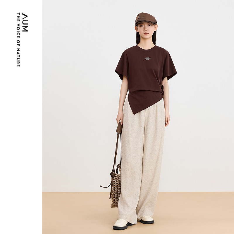 【商场同款】AUM噢姆夏季双纱棉感印花不对称设计感短袖T恤上衣女