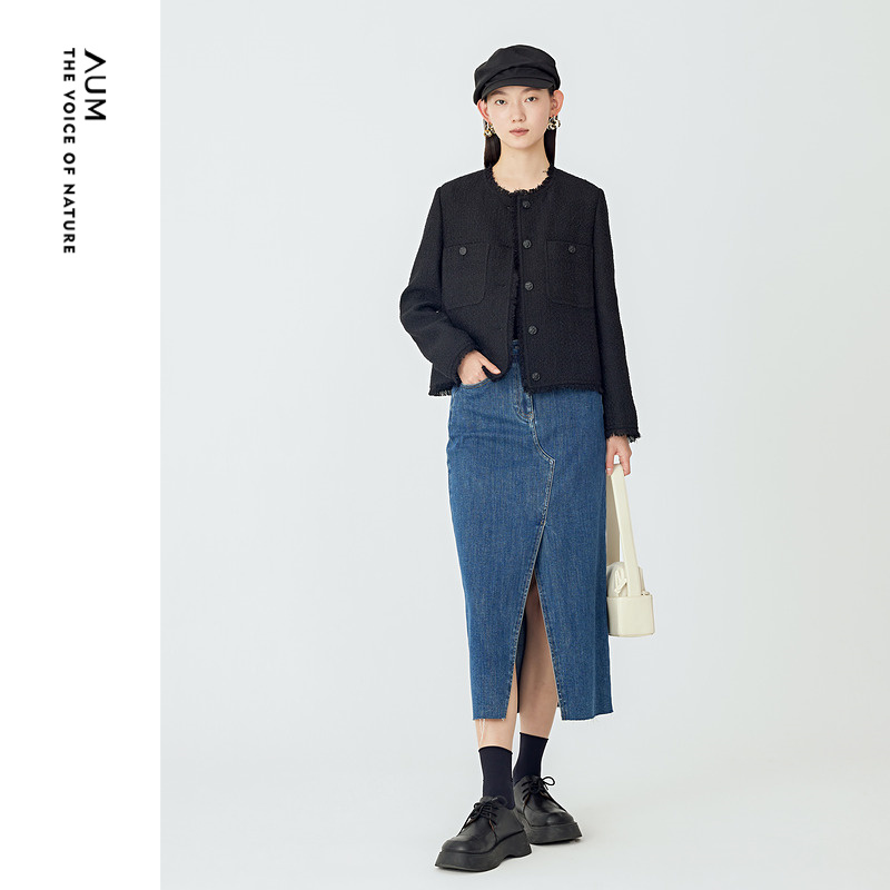 【商场同款】AUM噢姆春季黑色小圆领短款气质小香风上衣外套女款