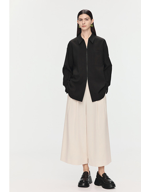 【商场同款】AUM噢姆2025年秋季新款拉链斜纹肌理休闲黑色衬衫女