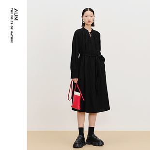 羊毛提花蕾丝长袖 AUM噢姆春季 黑色连衣裙休闲长裙女 天猫臻选