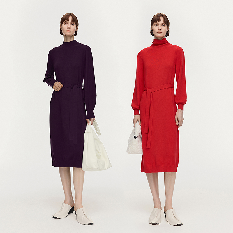 【可颂裙】AUM噢姆冬季美利诺羊毛收腰高领针织连衣裙休闲长裙女