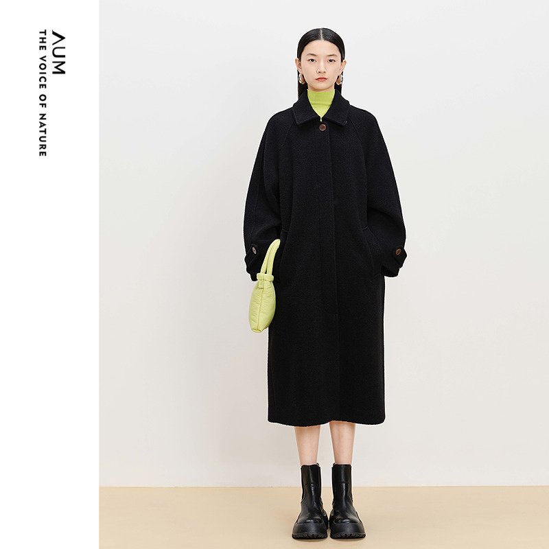 【商场同款】AUM噢姆冬季羊毛针织双面呢翻领黑色长款大衣外套女