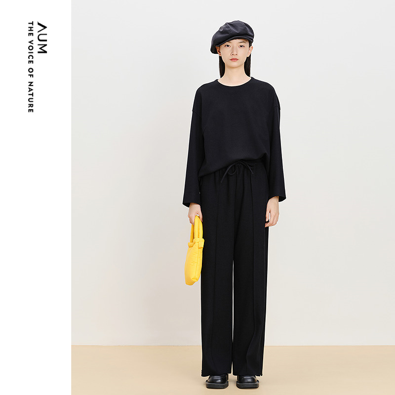 【轻松套装】AUM噢姆冬季毛棉针织呢垂感黑色上衣直筒裤半身裙女