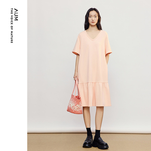 针织空气层V领短袖 新款 AUM噢姆2026年夏季 连衣裙长裙 商场同款