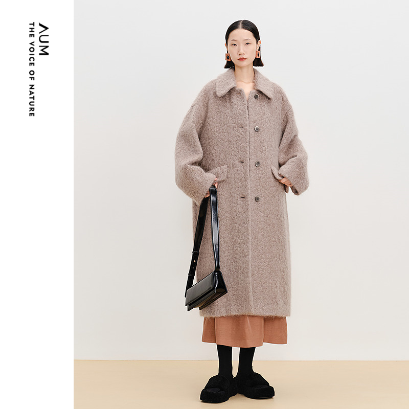 【商场同款】AUM噢姆冬季燕麦灰棕宽松慵懒翻领睡袍式大衣外套女