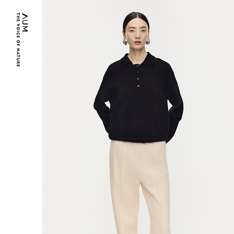 【商场同款】AUM噢姆2025年冬季新款宽松半开襟翻领针织黑色上衣