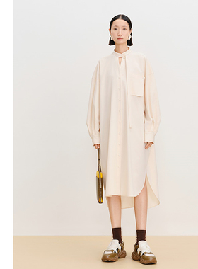 【商场同款】AUM噢姆春季米白色时尚飘带V领衬衫连衣裙休闲长裙女