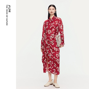 桑蚕丝新中式 新款 AUM噢姆2025年秋季 斜襟旗袍连衣裙女 FaFa裙