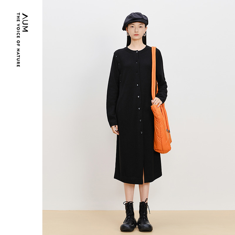 【可颂裙】AUM噢姆冬季羊毛缩绒直筒针织长袖连衣裙黑色休闲长裙