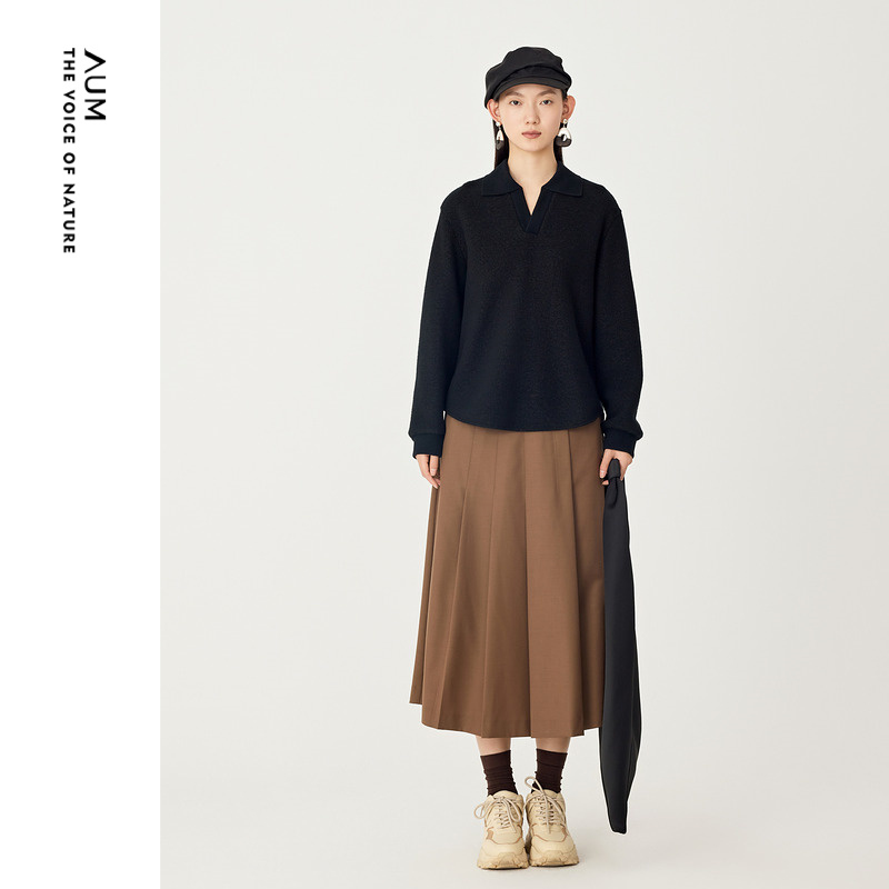 【咩咩系列】AUM噢姆冬季黑色POLO领毛呢针织宽松卫衣上衣女款