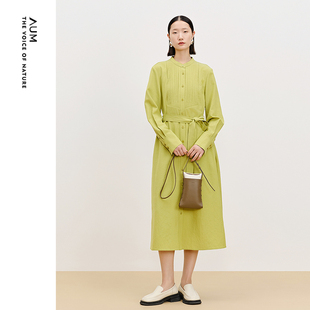 【天猫臻选】AUM噢姆春季麻感打条文艺立领长袖连衣裙休闲长裙女