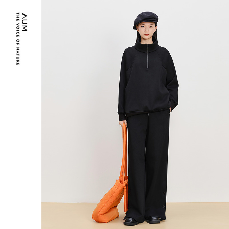 【轻松套装】AUM噢姆冬季加绒棉感宽松高领拉链卫衣黑色直筒裤女